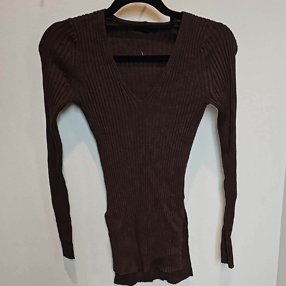 Brown Ribbed Mock Neck Long Sleeve Bodysuit